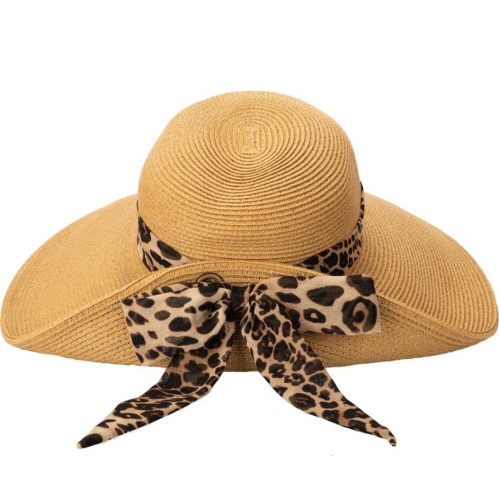 San Diego Hat Company Tan Sun Hat with Leopard Bow